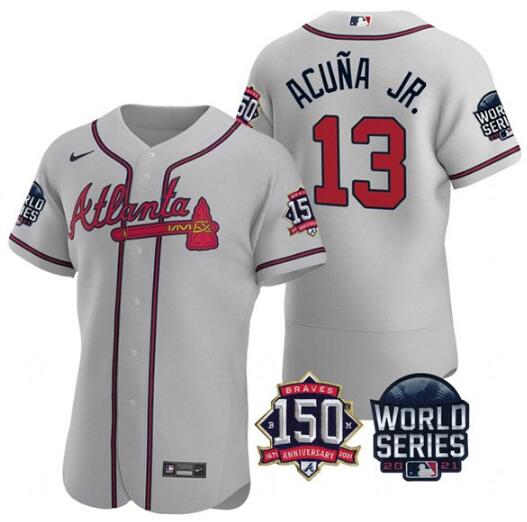 Men's Atlanta Braves #13 Ronald Acuna Jr. 2021 Gray World Series With 150th Anniversary Patch Stitched Baseball Jersey Men's Atlanta Braves #13 Ronald Acuna Jr. 2021 Gray World Series With 150th Anniversary Patch Stitched Baseball Jersey